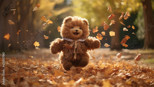 freedom plush abstract generated bear kicks autumn leaves in the park, October unusual change children's calendar © kichigin19