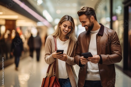 Happy couple using smartphones and shopping bags in mall