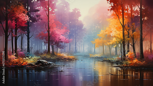 landscape in a fabulous forest, rainbow spectrum of colorful autumn trees in unusual neon lighting, fog background autumn fantasy © kichigin19