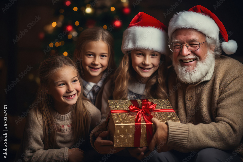 senior man celebrating christmas festival with his granddaughters senior man celebrating christmas festival with his granddaughters