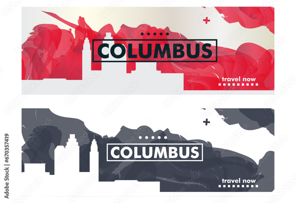 Naklejka premium USA Columbus city banner pack with abstract shapes of skyline, cityscape, landmark. Ohio travel vector horizontal illustration layout set for brochure, website, page, presentation, header, footer