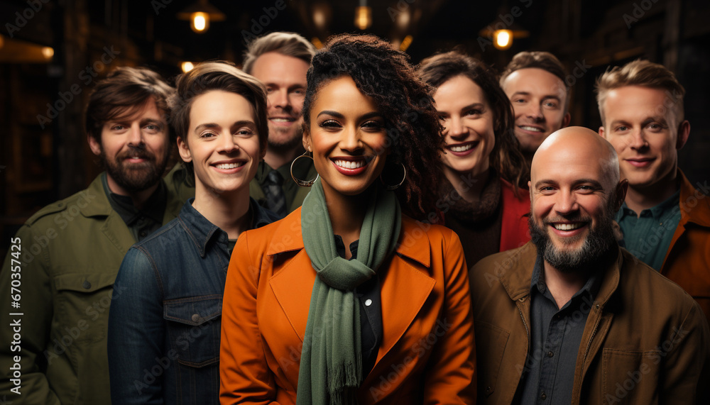 Fototapeta premium A group of smiling adults looking at camera, enjoying nightlife generated by AI