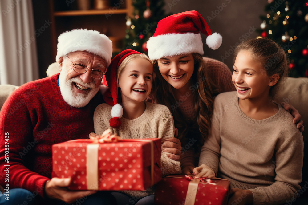 senior man celebrating christmas festival with his granddaughters senior man celebrating christmas festival with his granddaughters