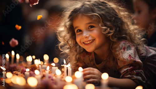 Smiling child holds candle, radiating happiness and joy generated by AI