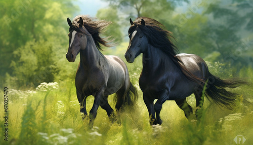 Running stallion and mare in green meadow  surrounded by beauty generated by AI