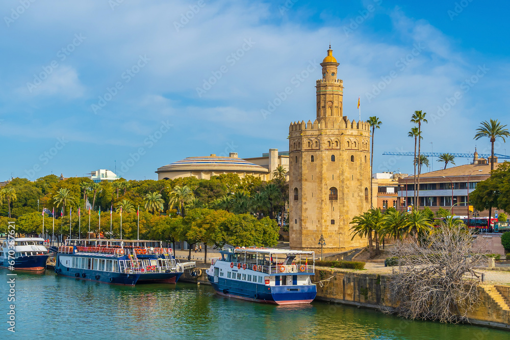 View of Golden Tower or Torre del Oro of Seville, Andalusia, Spain