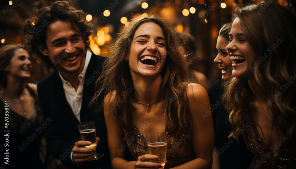 Young adults enjoying a carefree night of partying and laughter generated by AI