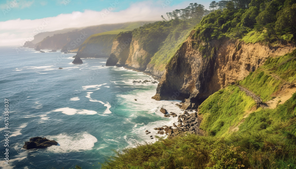 Majestic coastline, blue waters, rocky cliffs, nature beauty in Big Sur generated by AI