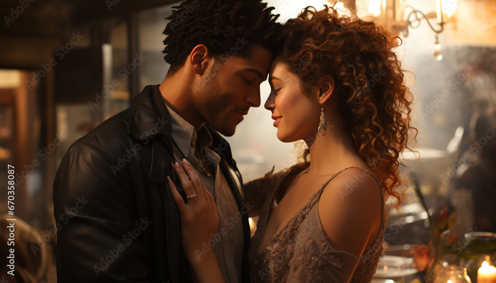 Young couple embracing, smiling, enjoying nightlife at a bar generated by AI Young couple embracing, smiling, enjoying nightlife at a bar generated by AI