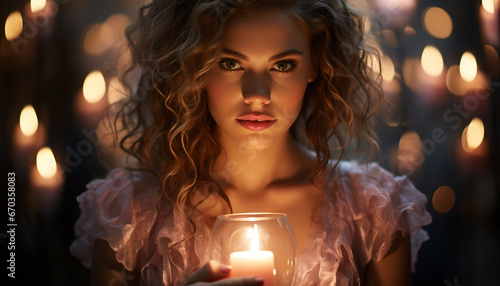 Young woman with brown hair looking at camera, glowing candle generated by AI