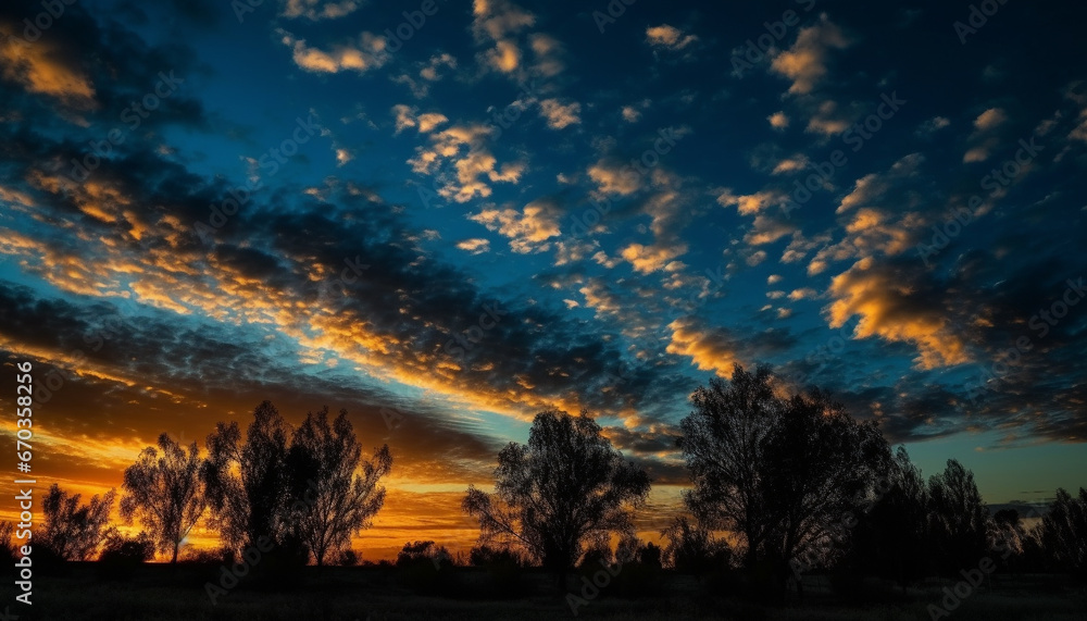 Silhouette of tree against vibrant sky, nature golden beauty generated by AI Silhouette of tree against vibrant sky, nature golden beauty generated by AI