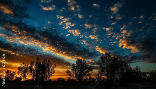 Silhouette of tree against vibrant sky, nature golden beauty generated by AI