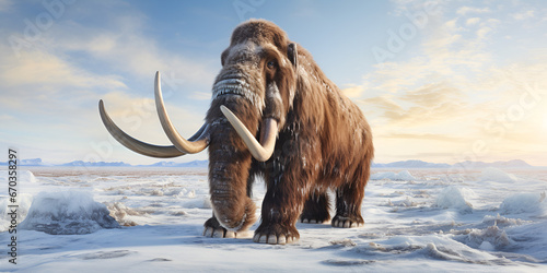 Furry old mammoth in snow with mountain landscape in the background, "Winter Wonderland: Furry Mammoth in Mountain Snow"