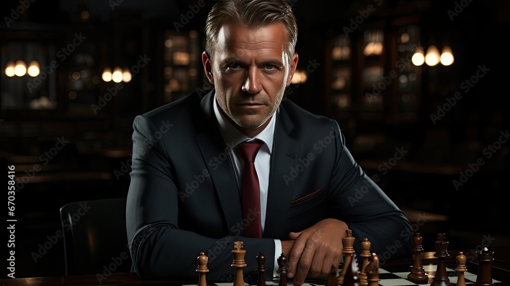 A man in a suit at a chessboard. Concept chess game and intellectual duel competition. Strategy ,teamwork, management or leadership