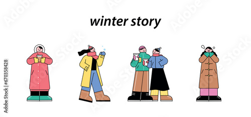 People on the streets wearing thick coats in the cold winter. People drinking iced coffee and hot coffee.