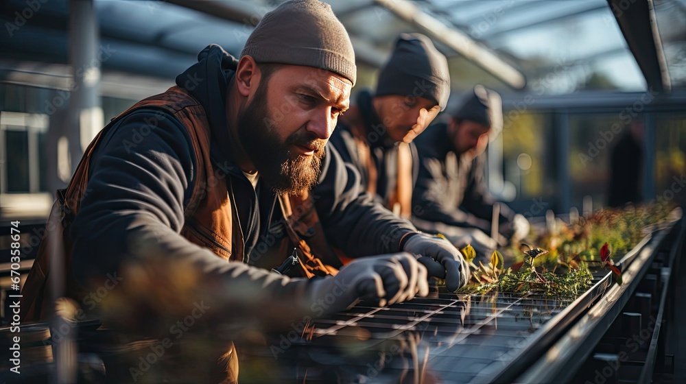 Male workers installing solar panels at a solar power plant, concept green energy and electricity, environmental protection, alternative energy and ecology Male workers installing solar panels at a solar power plant, concept green energy and electricity, environmental protection, alternative energy and ecology