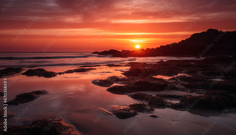 Sunset over the coastline, a tranquil seascape of beauty in nature generated by AI