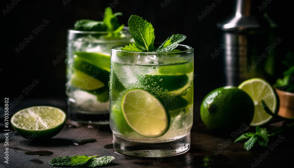 Refreshing mojito cocktail with lime, mint, and citrus fruit generated by AI Refreshing mojito cocktail with lime, mint, and citrus fruit generated by AI