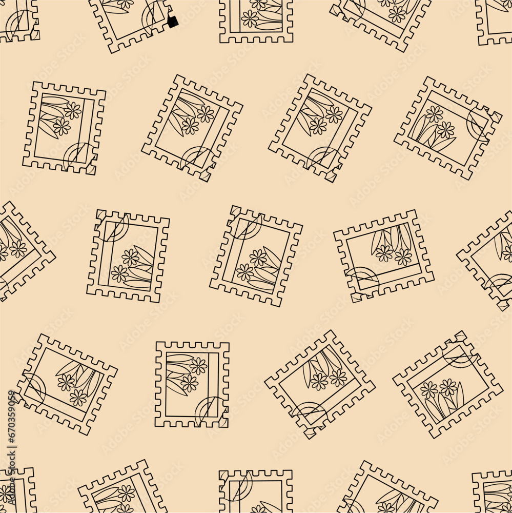 Postage stamp line art seamless pattern. Suitable for backgrounds, wallpapers, fabrics, textiles, wrapping papers, printed materials, and many more. Editable vector.
