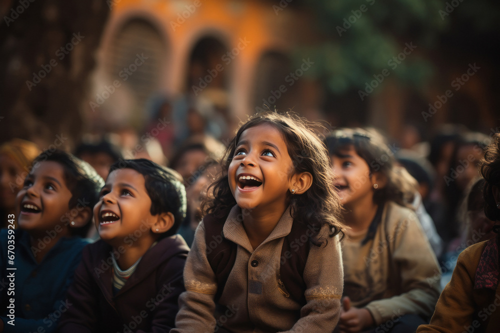 Indian little children audience looking someone