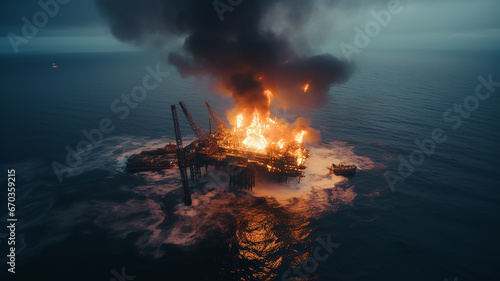 burning oil platform in the sea view from a drone, aerial view photo