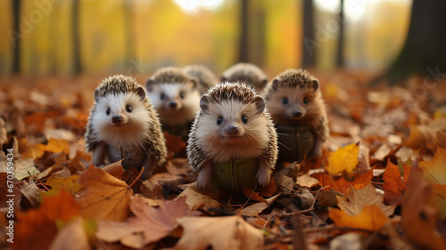 a group of cartoon hedgehogs family runs through the autumn forest a dynamic scene of leaf fall