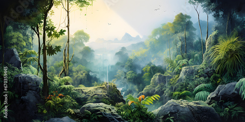 Fototapeta akwarela, krajobraz dżungli w delikatnych, harmonijnych kolorach