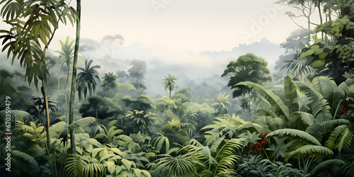 Fototapeta Naklejka Na Ścianę i Meble -  watercolour painting of the jungle landscape, a picturesque natural environment in soft harmonious colours
