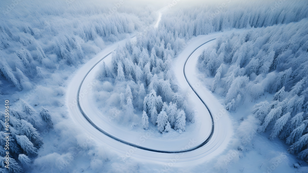 Fototapeta premium A meandering, snow-covered road winding through a dense forest. The top-down aerial view reveals the intricate curves and patterns formed by the road, surrounded by a blanket of untouched snow.