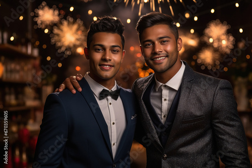 Young indian couple celebrating new year festival.