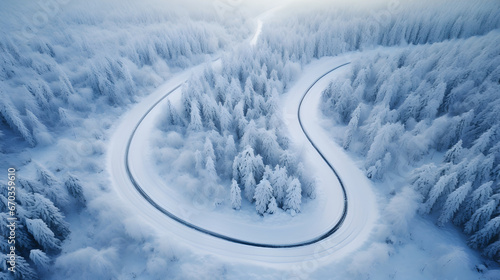  A meandering, snow-covered road winding through a dense forest. The top-down aerial view reveals the intricate curves and patterns formed by the road, surrounded by a blanket of untouched snow. © Kuo