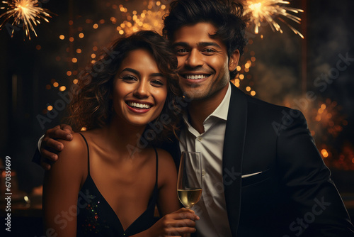 Young indian couple celebrating new year festival.