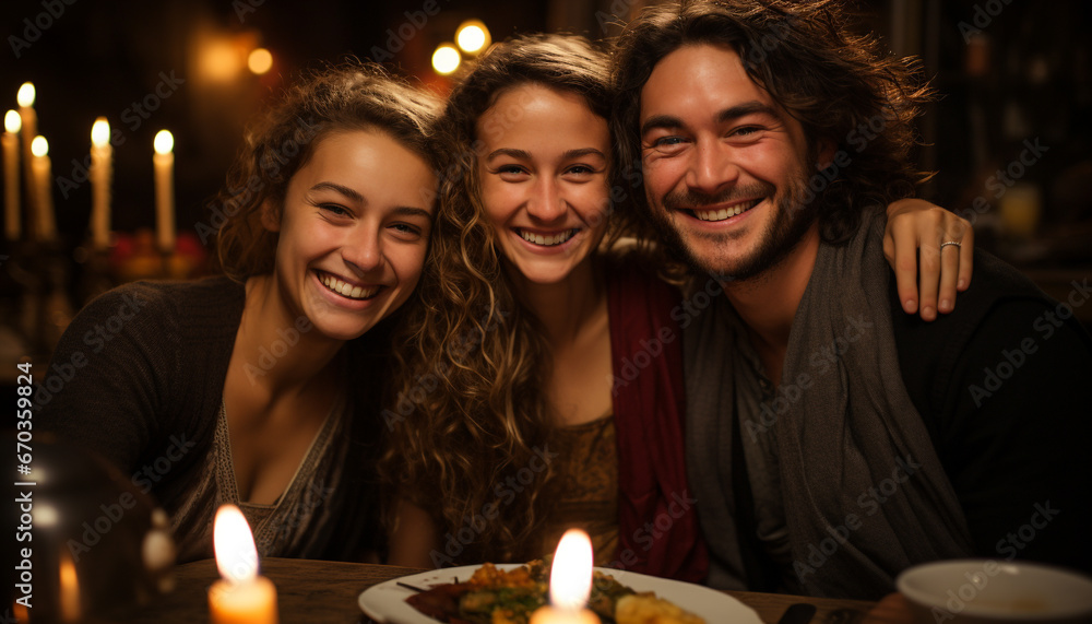 Smiling men and women, happiness in candlelit celebration, togetherness generated by AI Smiling men and women, happiness in candlelit celebration, togetherness generated by AI