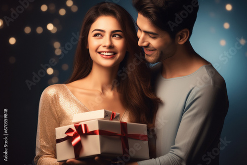 Young man giving gift to his wife or girlfriend