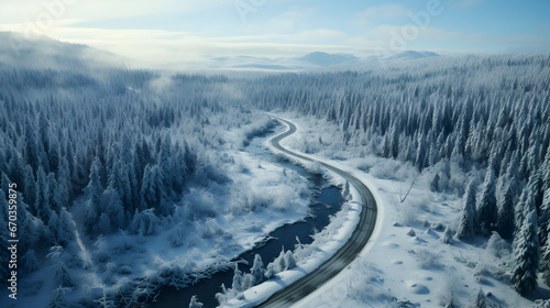  A meandering, snow-covered road winding through a dense forest. The top-down aerial view reveals the intricate curves and patterns formed by the road, surrounded by a blanket of untouched snow.
