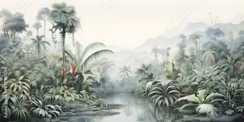 Fototapeta Naklejka Na Ścianę i Meble -  vintage sketch of the jungle landscape, a picturesque natural environment for wallpaper, wall art, card design