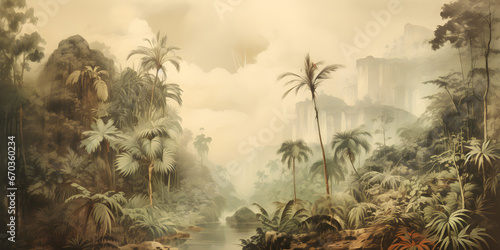 Fototapeta Naklejka Na Ścianę i Meble -  vintage sketch of the jungle landscape, a picturesque natural environment for wallpaper, wall art, card design
