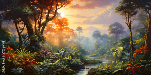 Fototapeta Naklejka Na Ścianę i Meble -  scenic painting of the jungle landscape, a picturesque natural environment in harmonious colours