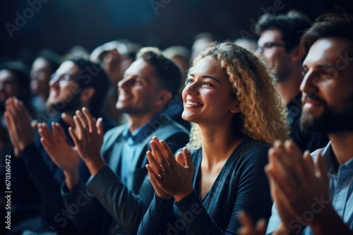 Beautiful woman applauding presentation by colleague. Audience applaud clapping. Generative ai art. Businesswoman clapping hands. People audience diversity group presentation concept.