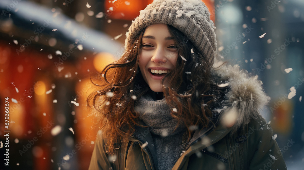 beautiful girl enjoying snowfall. beautiful girl enjoying snowfall.