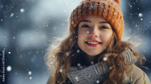beautiful girl enjoying snowfall