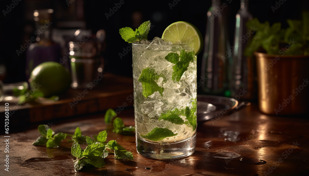 Fresh mojito cocktail with lime, mint leaf, and ice generated by AI Fresh mojito cocktail with lime, mint leaf, and ice generated by AI