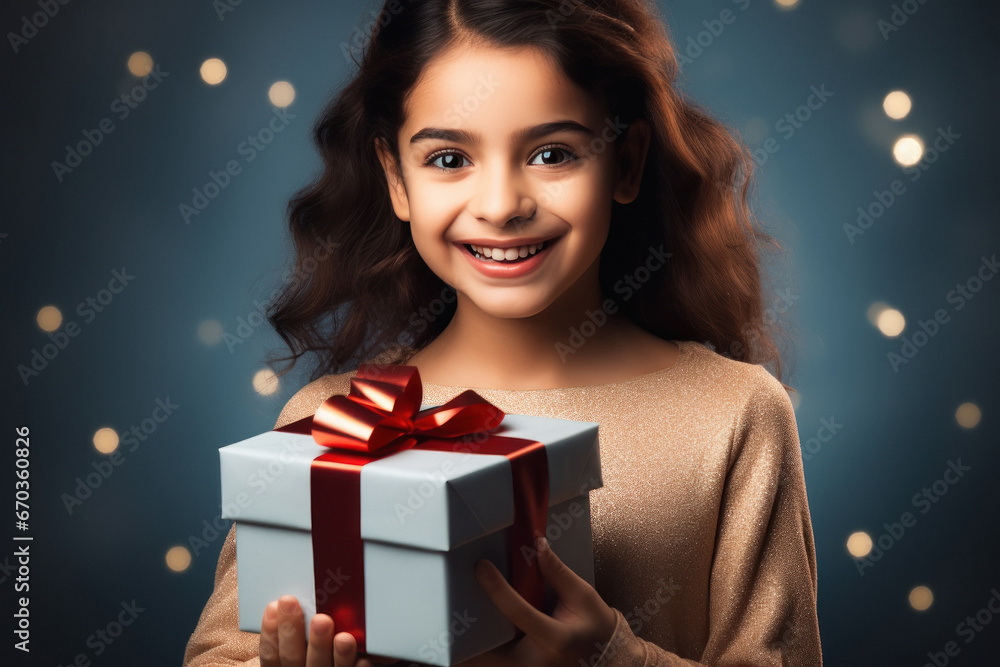 Cute little girl child holding gift box in hand Cute little girl child holding gift box in hand