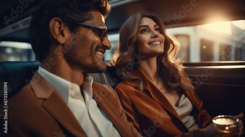 Young man sitting with his wife or girlfriend in car