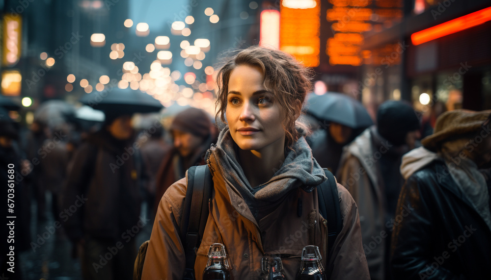 Young adults walking in a crowd, enjoying city nightlife generated by AI