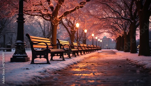 Tranquil winter night, illuminated lantern, snow covered bench under tree generated by AI