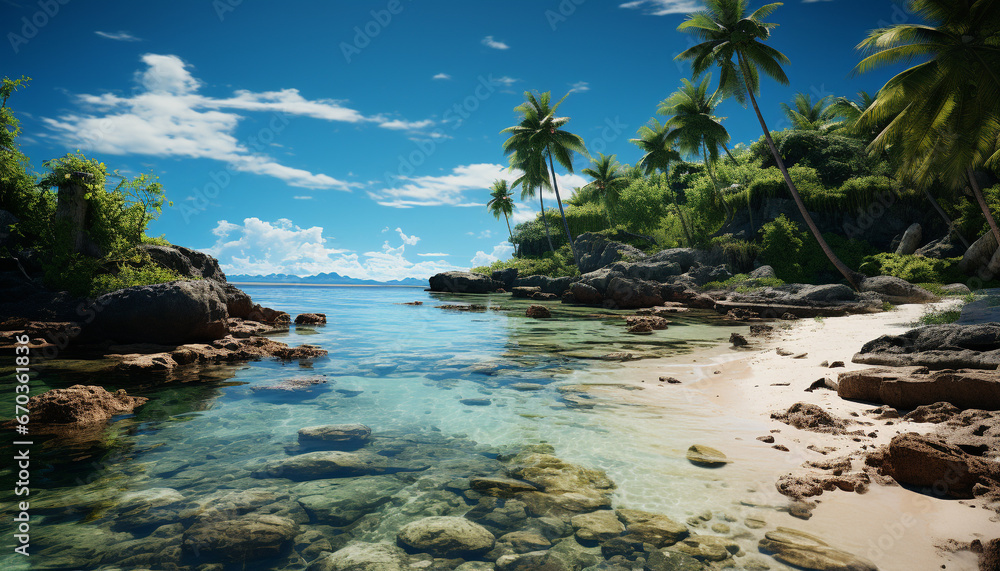 Idyllic tropical coastline, serene waters edge, palm tree paradise generated by AI