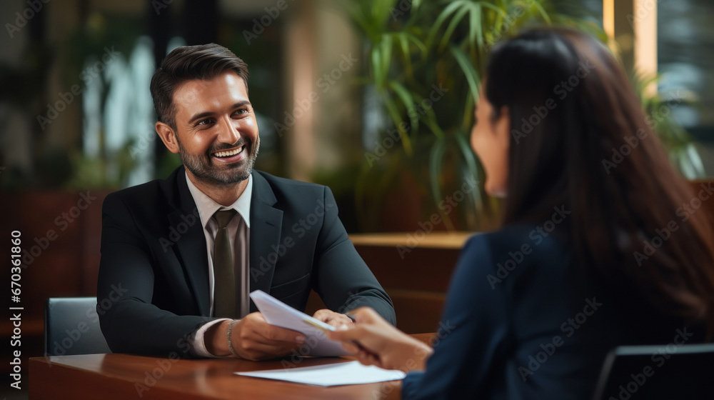 Indian insurance sales man or investing advisor explaining the plan to her client. Indian insurance sales man or investing advisor explaining the plan to her client.