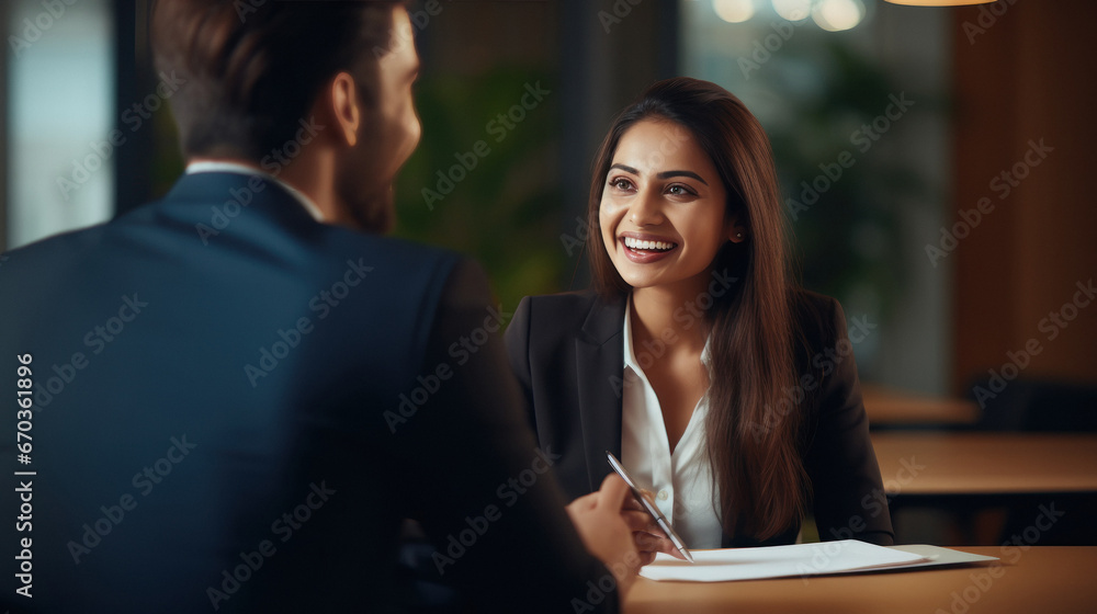 Obraz premium Indian insurance sales woman or investing advisor explaining the plan to her client.