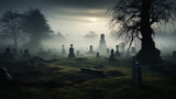 Eerie fog envelops ancient graveyard